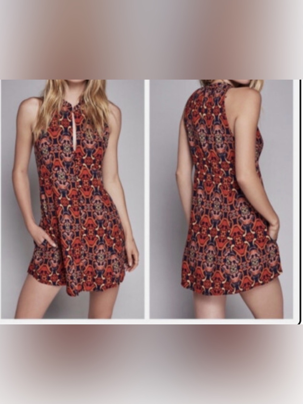 Free People Halter Red Navy Floral-Print Mini Dress